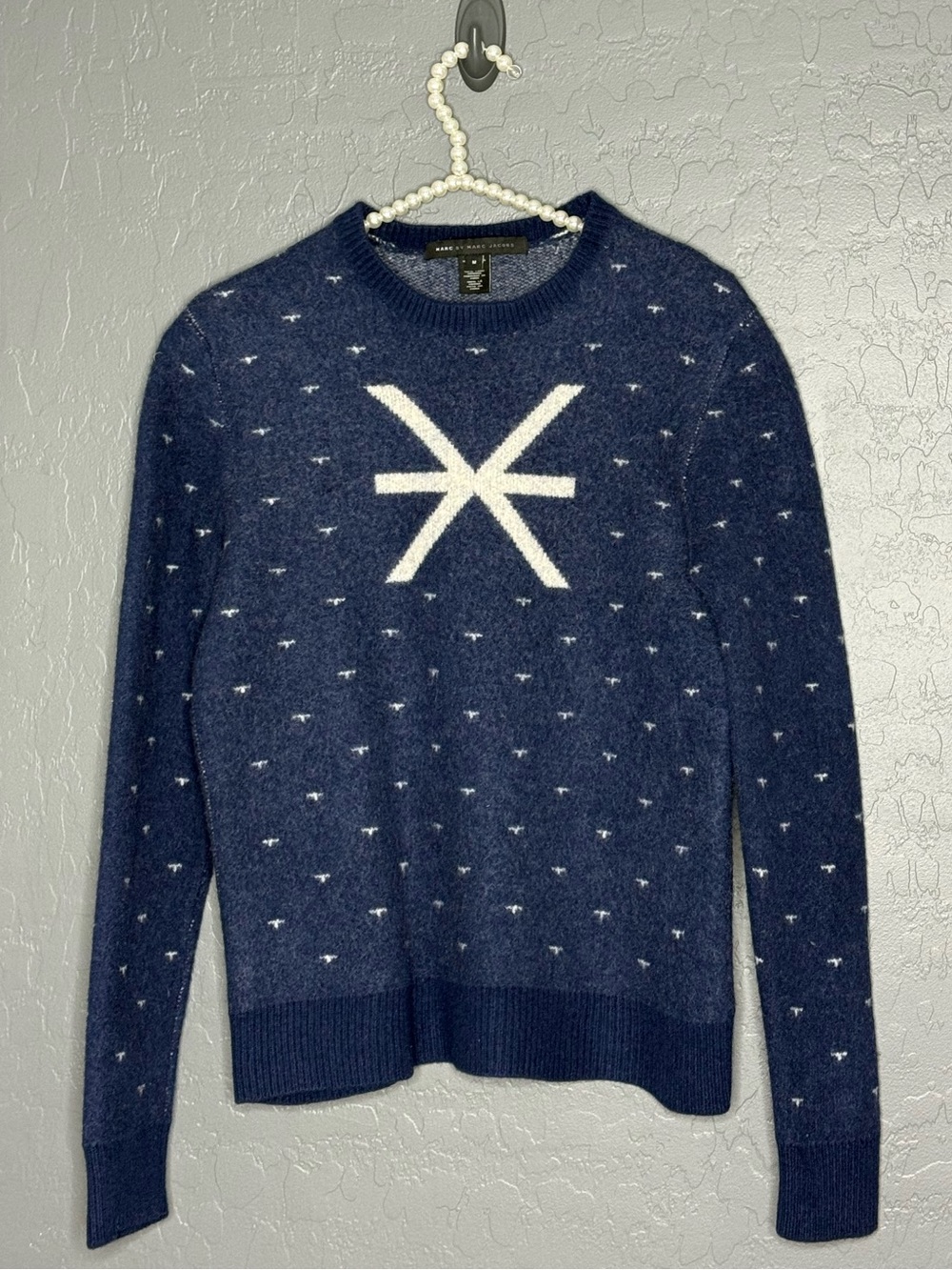 Marc by Marc Jacobs Navy and White Speckled Pattern Merino Wool Sweater